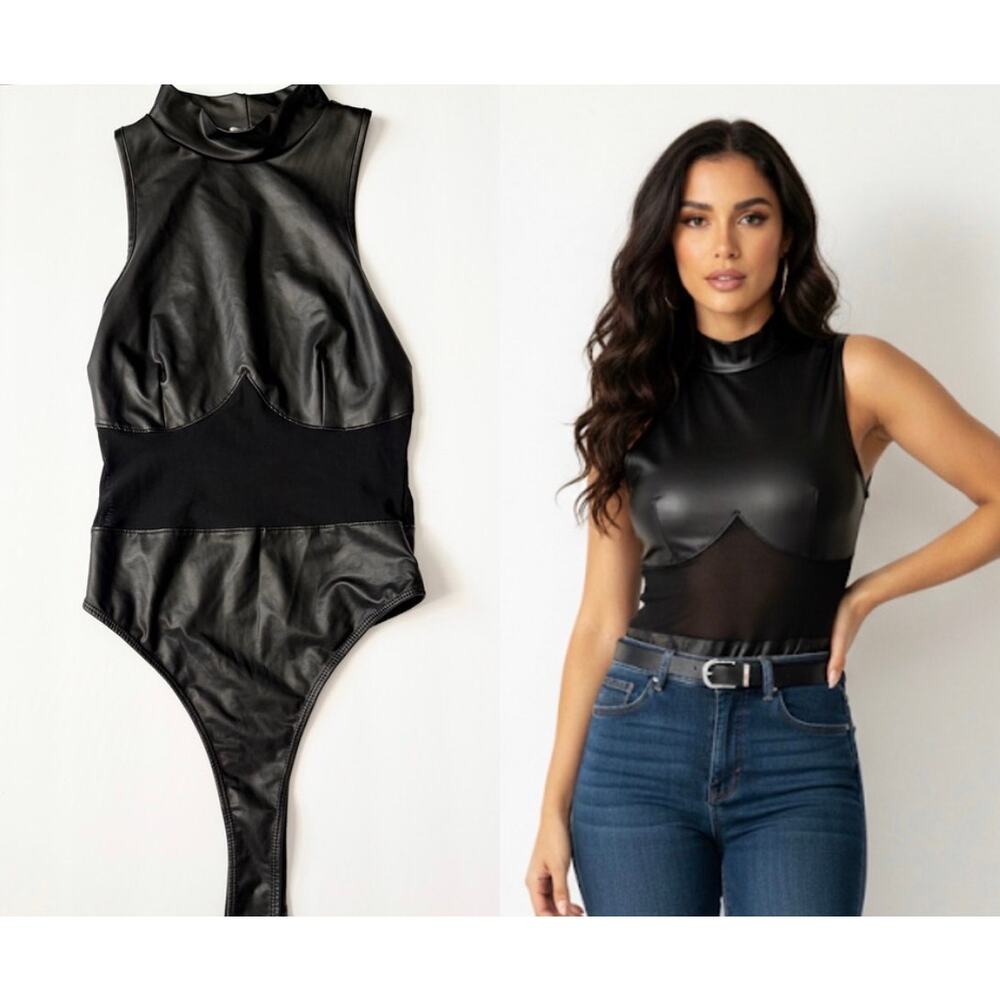 Bozzolo Faux Leather Mesh Cutout Bodysuit Black Small Rave Club